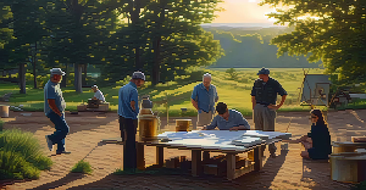 Artists collaborating in a peaceful landscape after war.