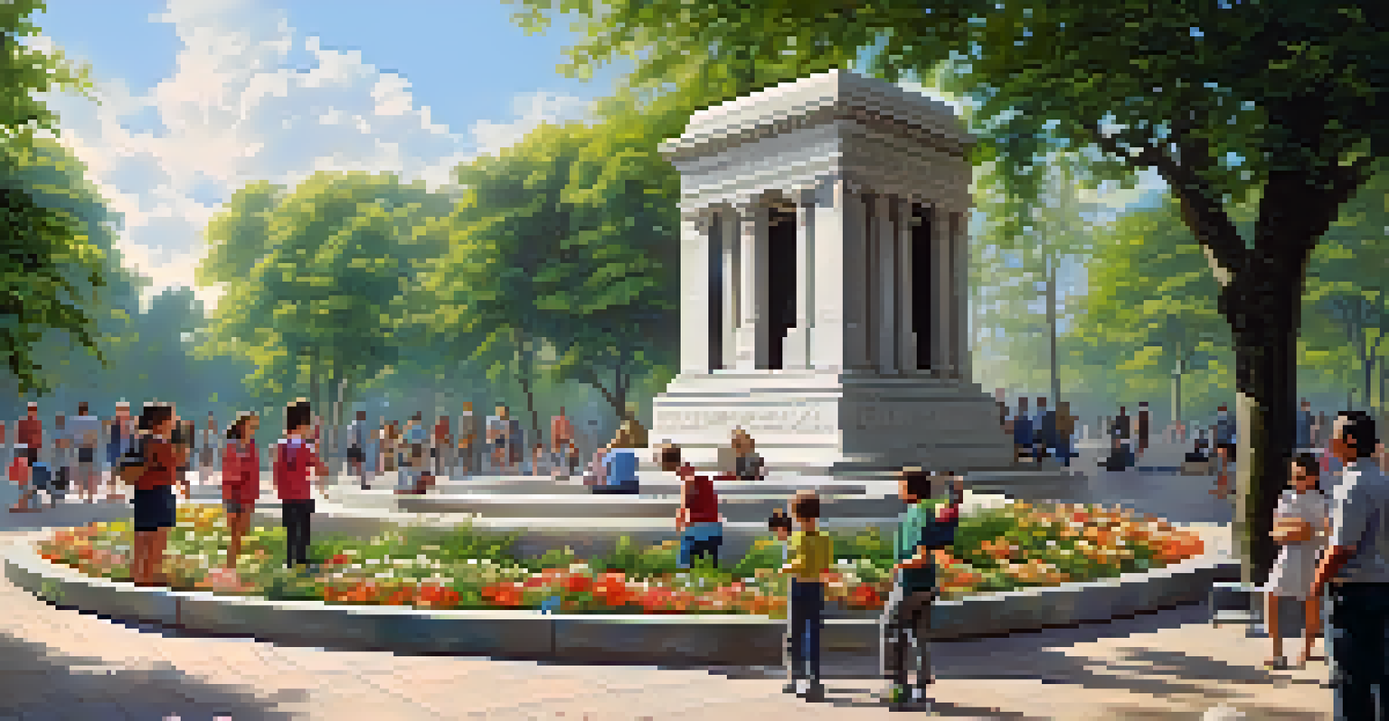 A beautiful restored monument in a public square, with people and children enjoying the cultural heritage.
