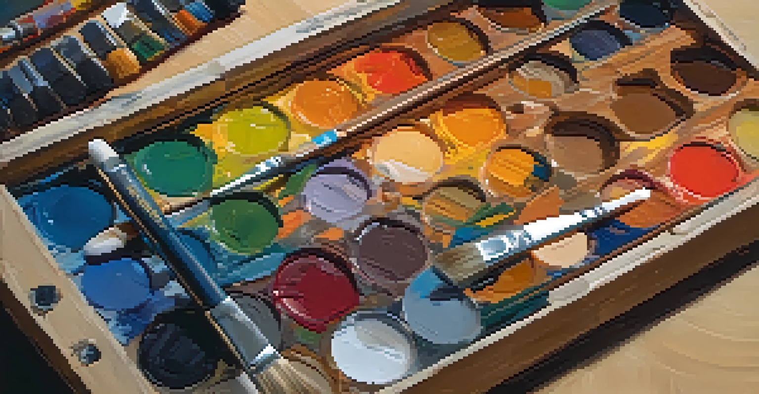 A detailed close-up of an artist's palette with vibrant oil paints and brushes, set against an unfinished painting.
