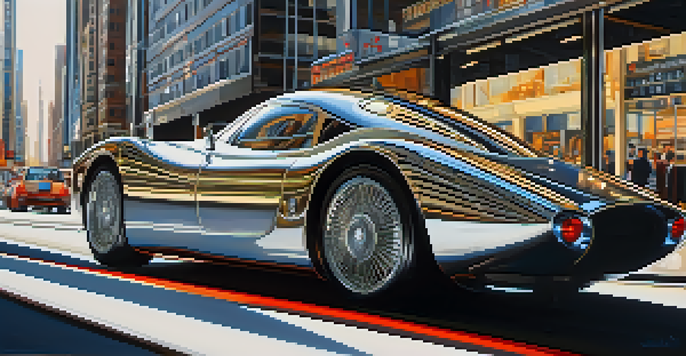 A detailed close-up of a modern machine with metallic textures, set against a blurred urban landscape, reflecting the beauty of technology.