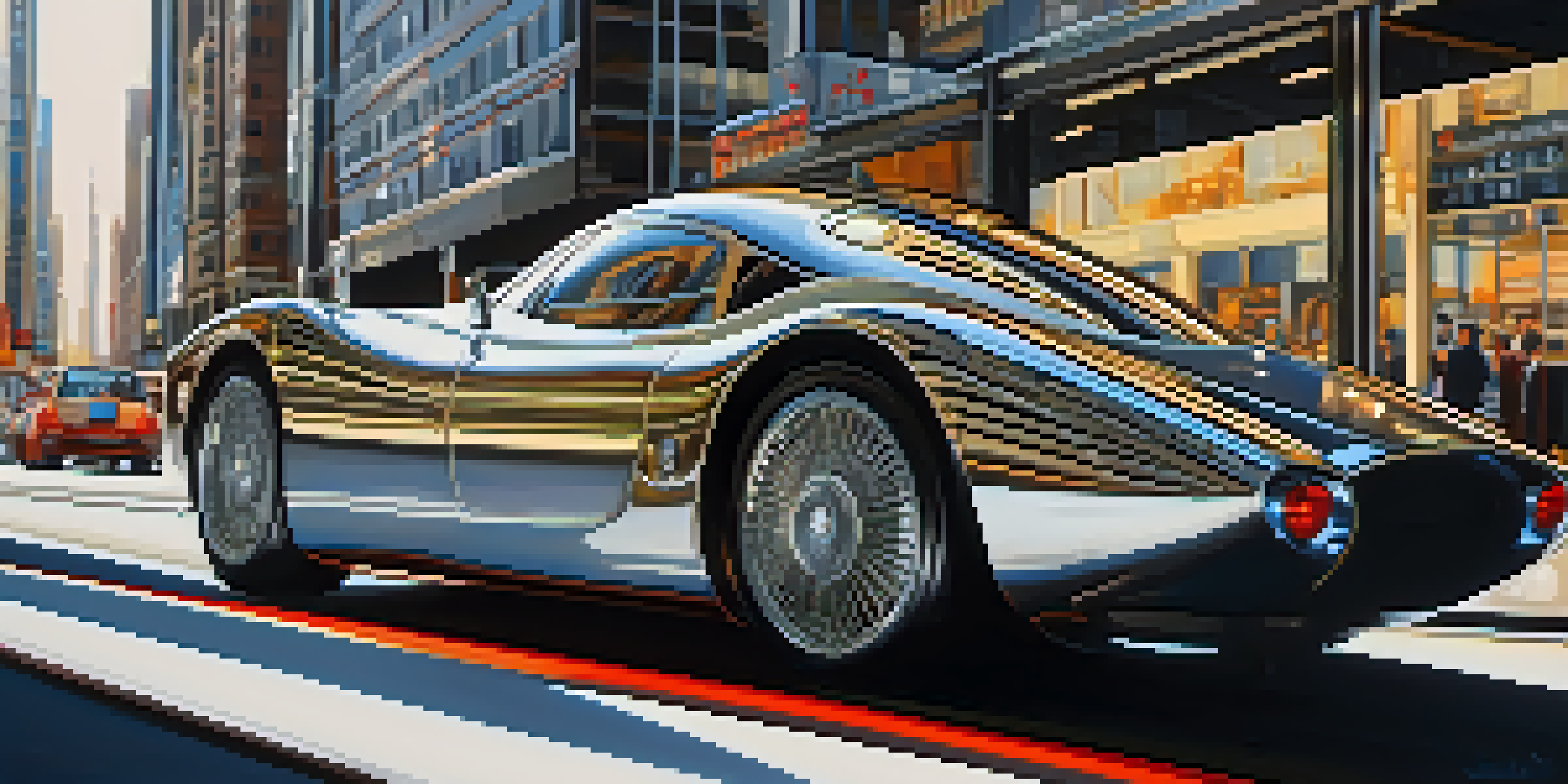 A detailed close-up of a modern machine with metallic textures, set against a blurred urban landscape, reflecting the beauty of technology.