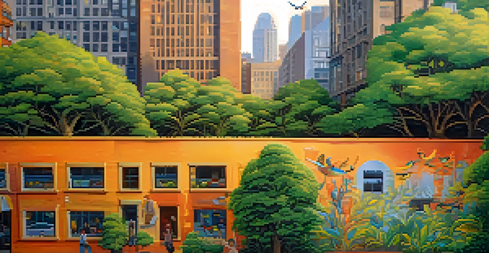 A vibrant mural blending a green forest with city architecture, featuring colorful birds and plants, illuminated by warm sunlight, with people admiring it.