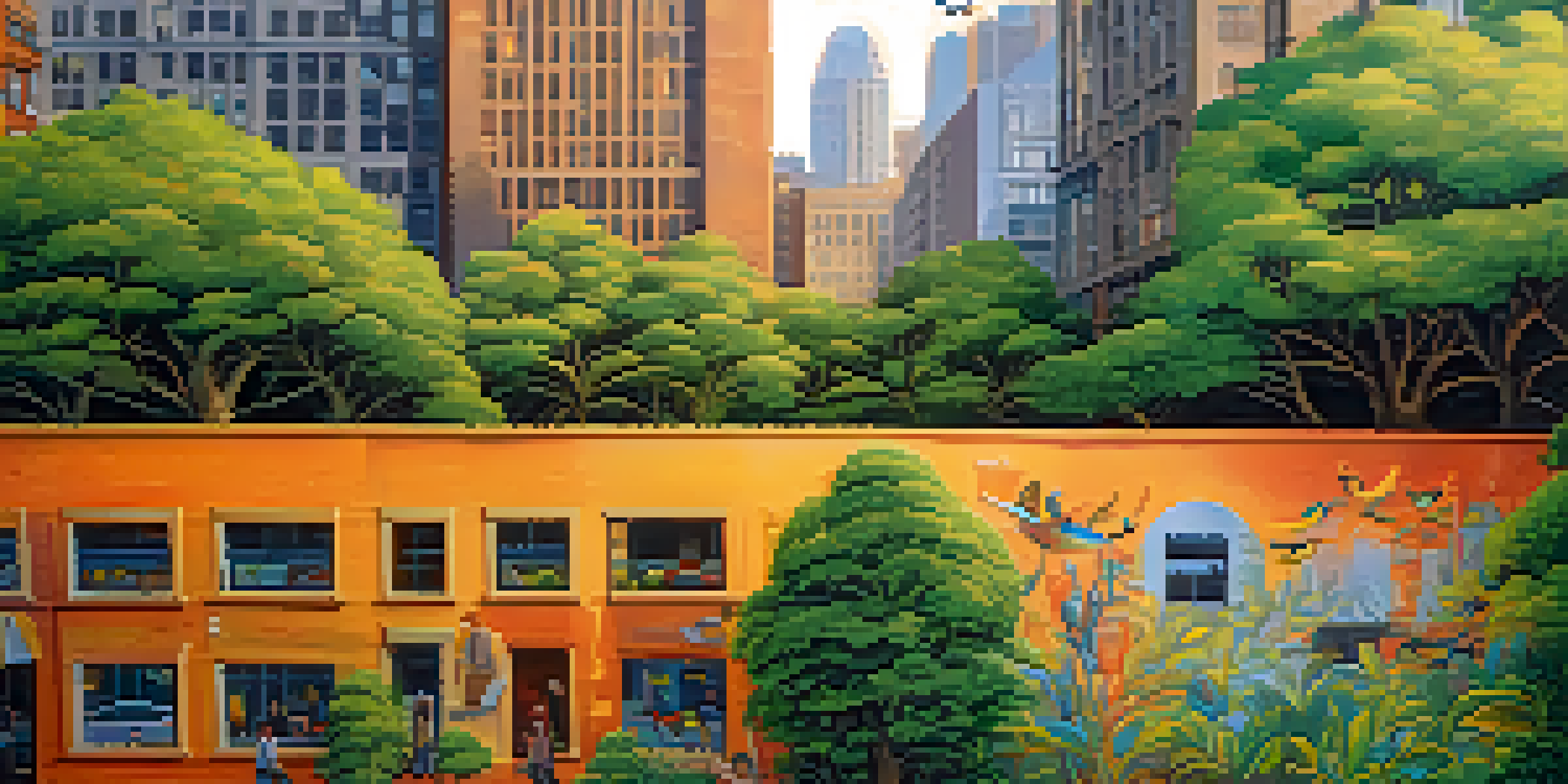 A vibrant mural blending a green forest with city architecture, featuring colorful birds and plants, illuminated by warm sunlight, with people admiring it.