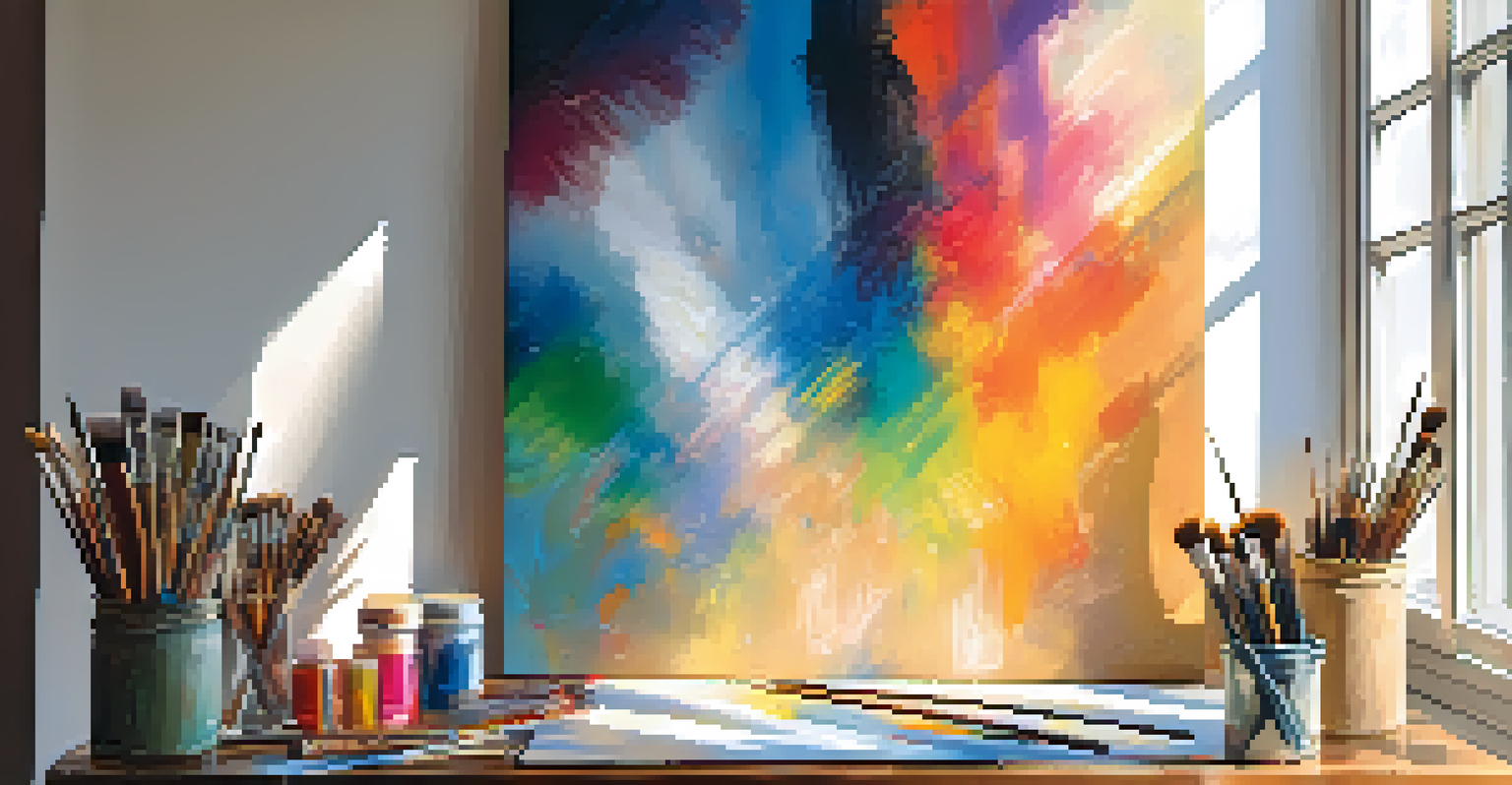 An artist's hand holding a brush above a colorful canvas, with art supplies in the background and sunlight filtering through.