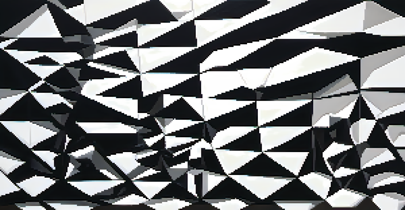 An abstract black and white design featuring geometric shapes and strong contrasts.