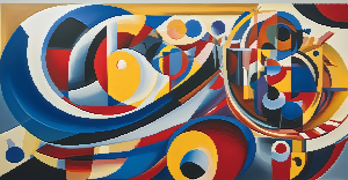 An abstract painting with swirling forms and bold colors, inspired by Kandinsky, showcasing geometric shapes and a textured background.