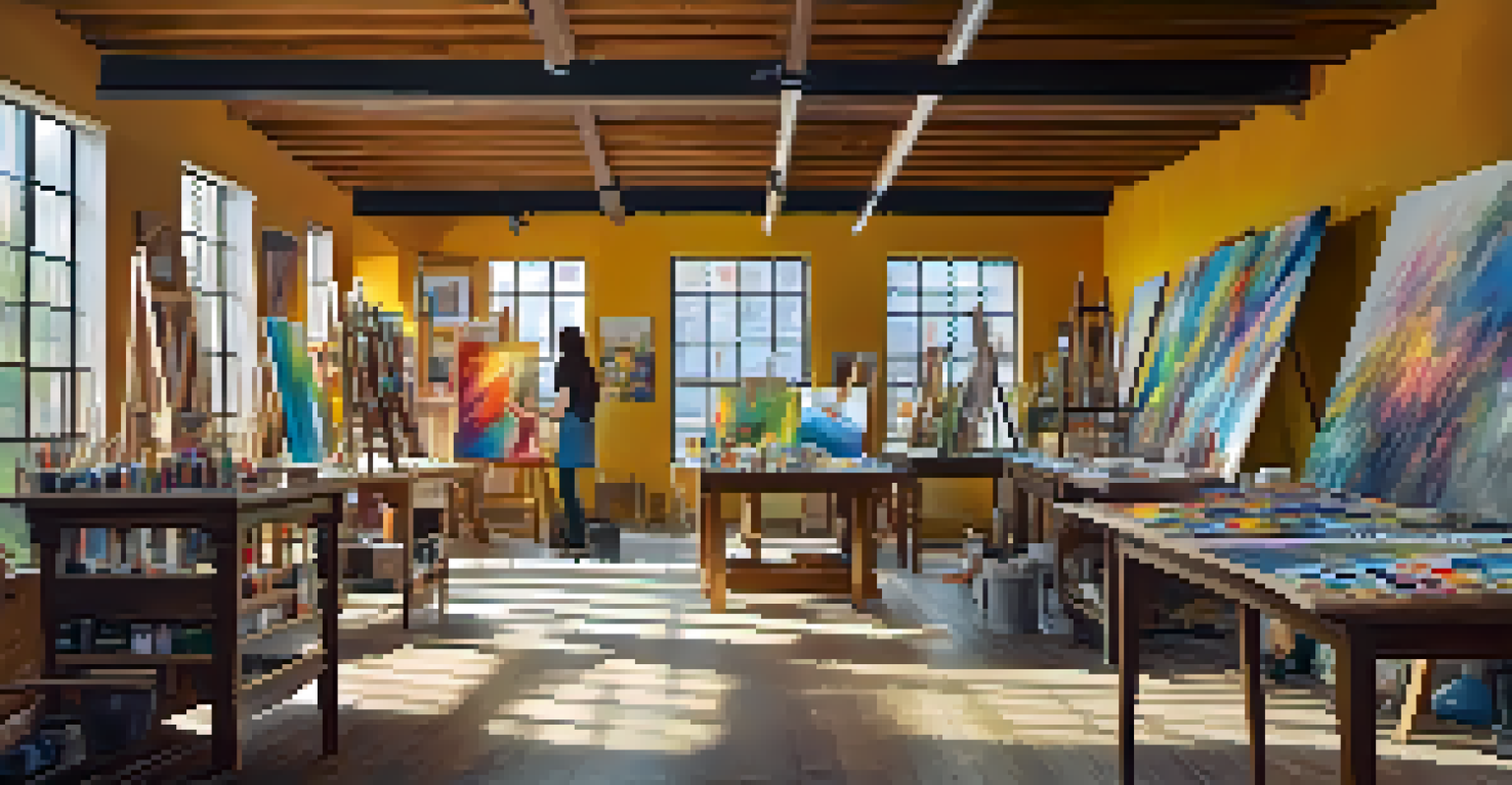 A bright contemporary art studio with an artist at work, surrounded by colorful canvases and art supplies.