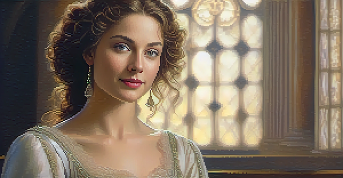 A Renaissance-style portrait of a woman with a mysterious smile, wearing a detailed dress in soft lighting.