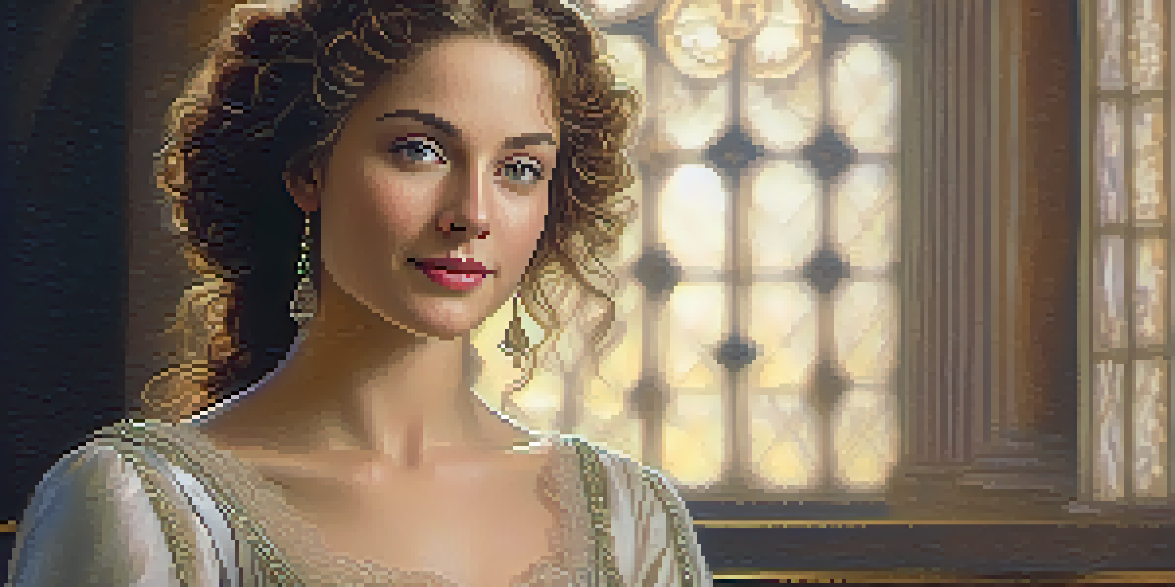 A Renaissance-style portrait of a woman with a mysterious smile, wearing a detailed dress in soft lighting.