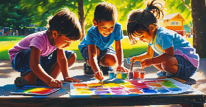 Children happily painting outdoors with bright colors and sunlight filtering through trees.