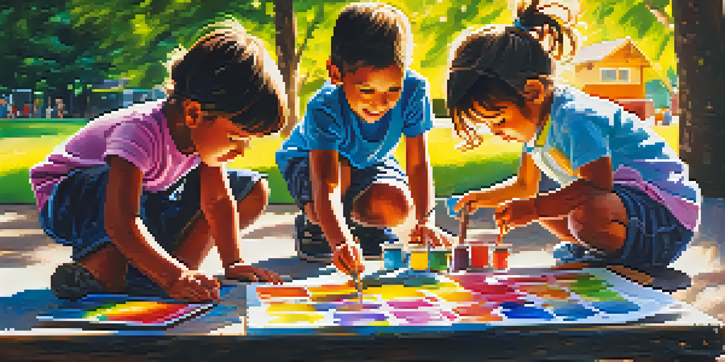 Children happily painting outdoors with bright colors and sunlight filtering through trees.