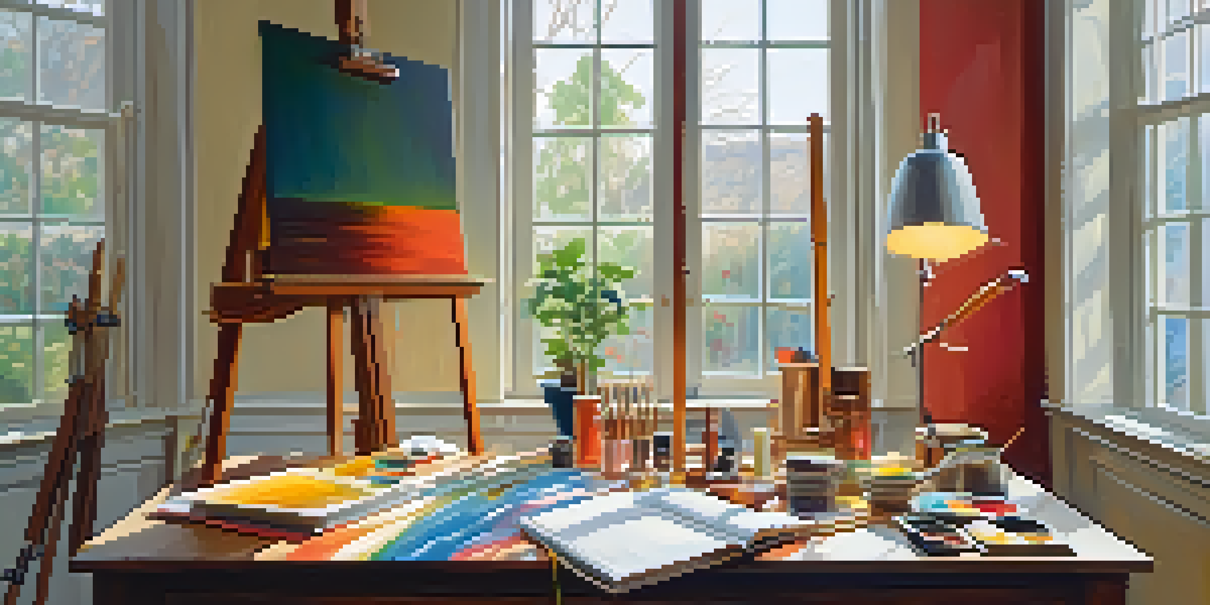 A peaceful painting studio with an easel, vibrant paints, and a canvas displaying abstract art, illuminated by soft natural light.