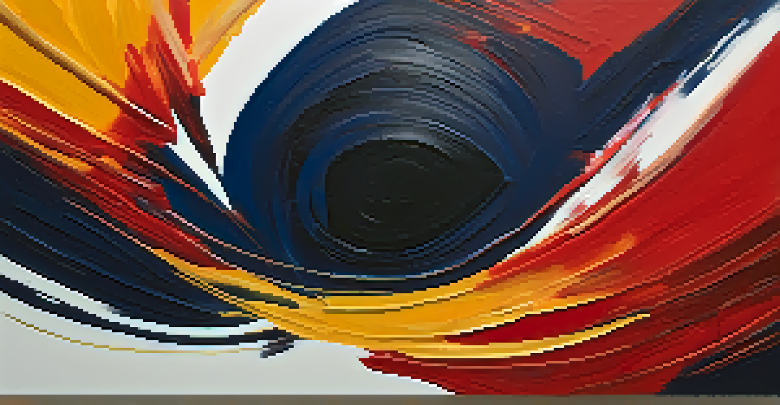 An abstract painting with bold red, orange, and yellow strokes on a dark blue background, conveying emotion and urgency.