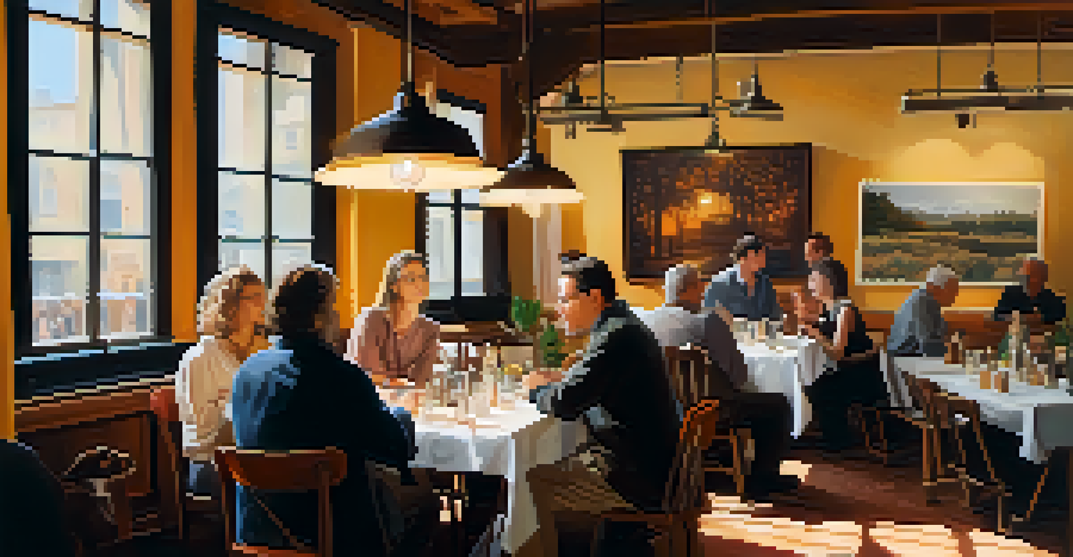 An art community event in a café with artists and collectors discussing artworks and reproductions.