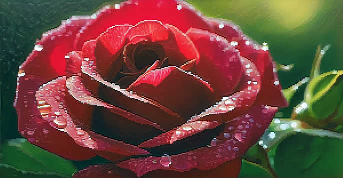 A close-up view of a red rose with dew on its petals, surrounded by a softly blurred green background.