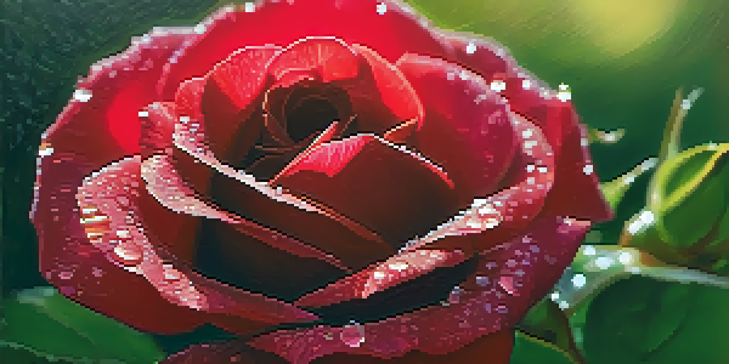 A close-up view of a red rose with dew on its petals, surrounded by a softly blurred green background.