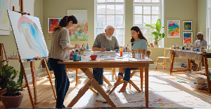 A bright art therapy room with people engaged in creative activities, including painting and sculpting, surrounded by colorful artwork and plants.