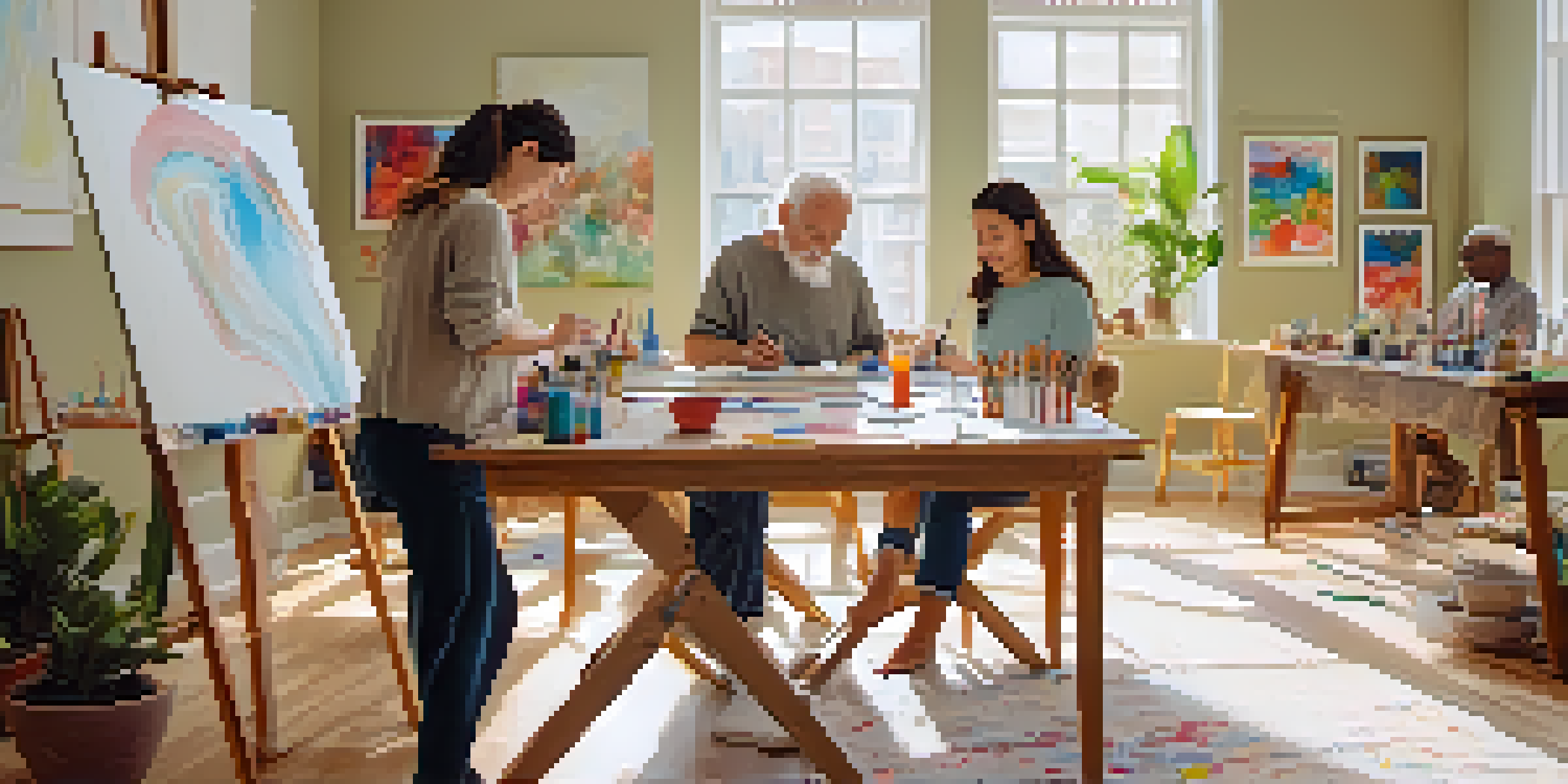 A bright art therapy room with people engaged in creative activities, including painting and sculpting, surrounded by colorful artwork and plants.