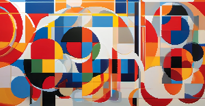 A colorful geometric artwork with overlapping shapes in primary colors, creating a sense of depth and movement.