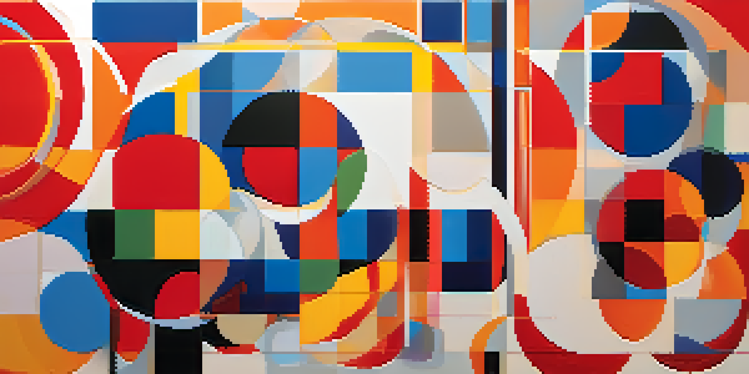A colorful geometric artwork with overlapping shapes in primary colors, creating a sense of depth and movement.