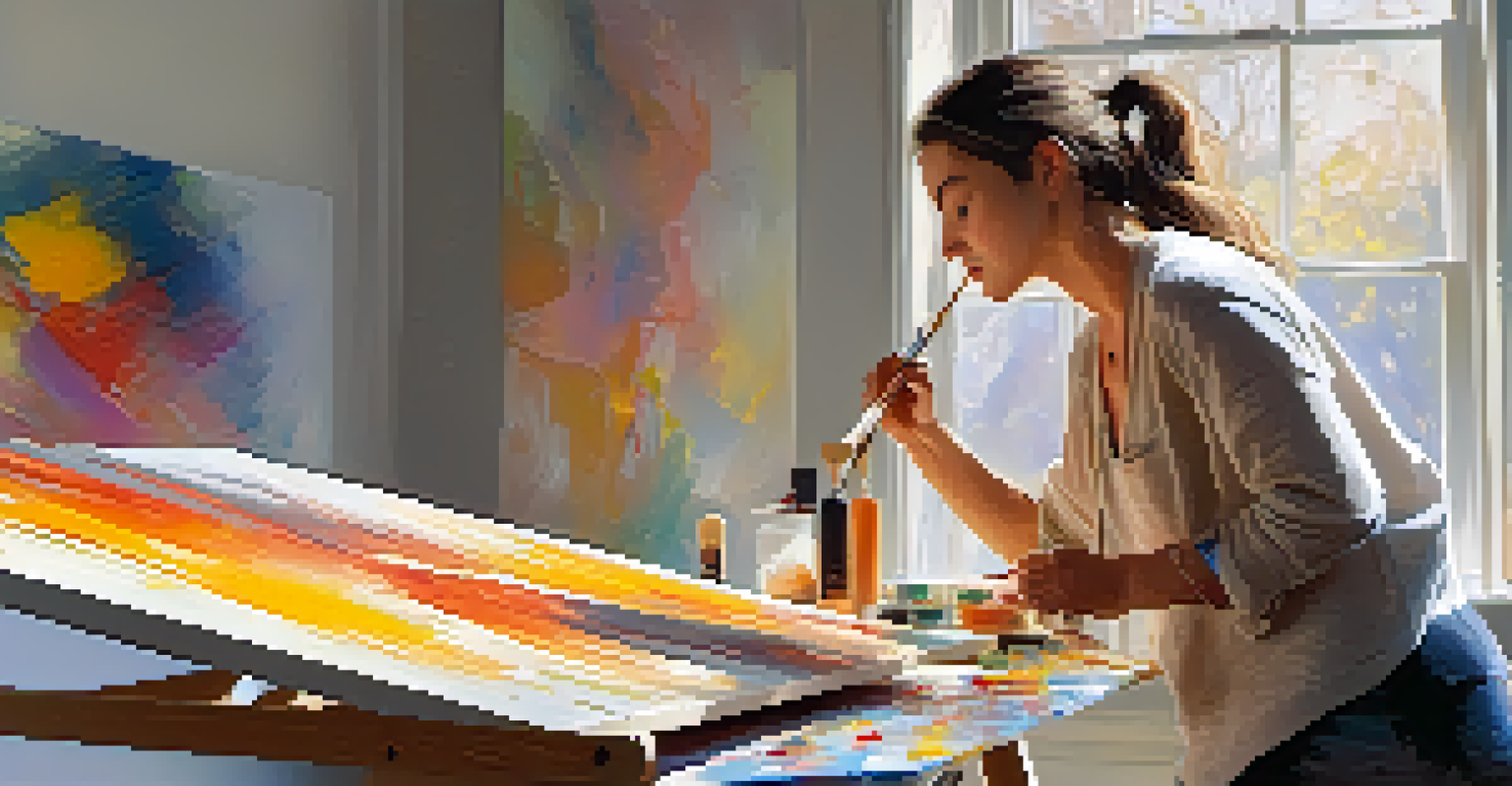 An artist in a sunlit studio painting on a large canvas with unconventional tools, surrounded by colorful paint splatters.
