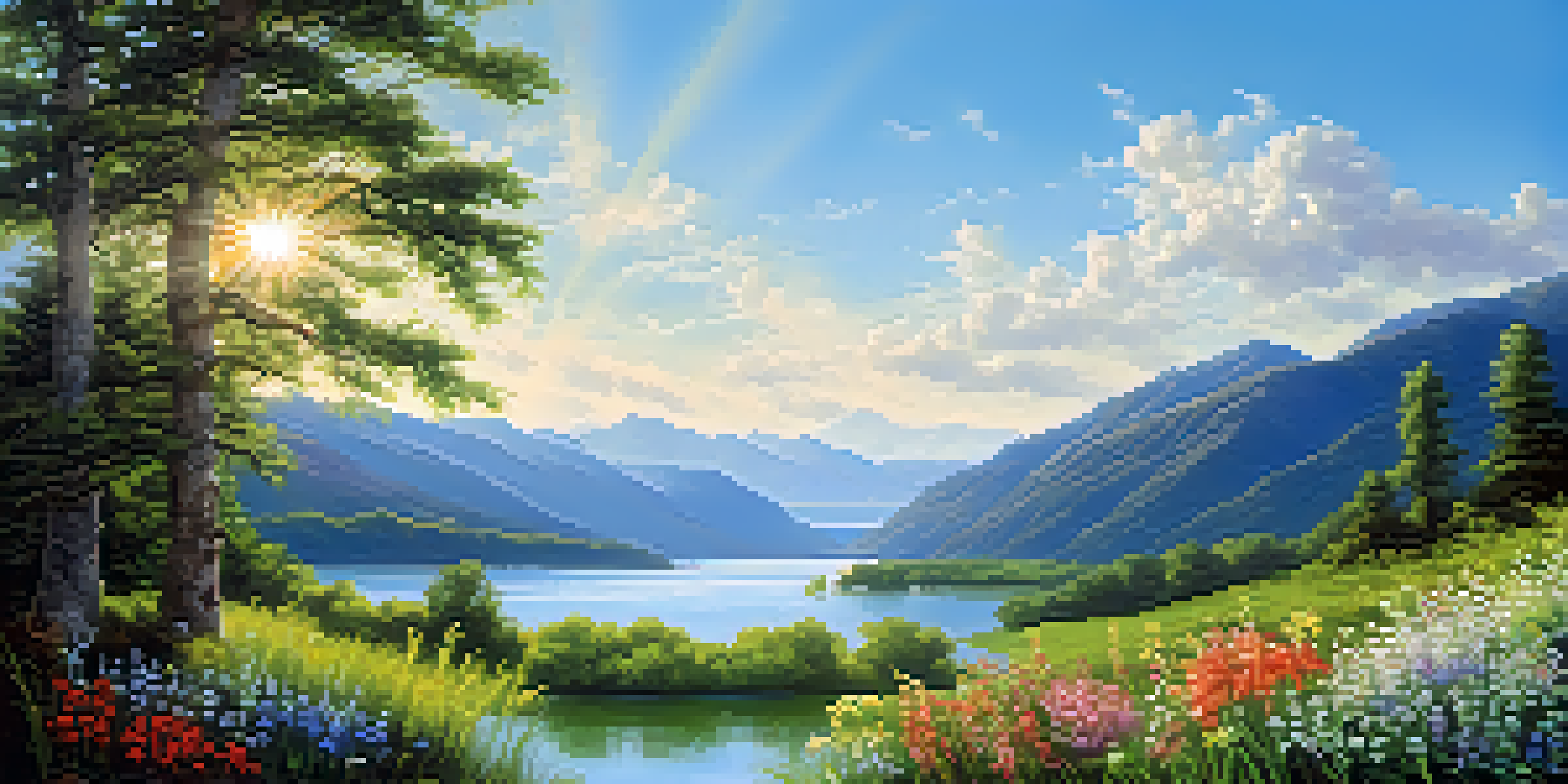 A calm lake surrounded by green mountains, with sunlight reflecting off the water and colorful wildflowers in the foreground.