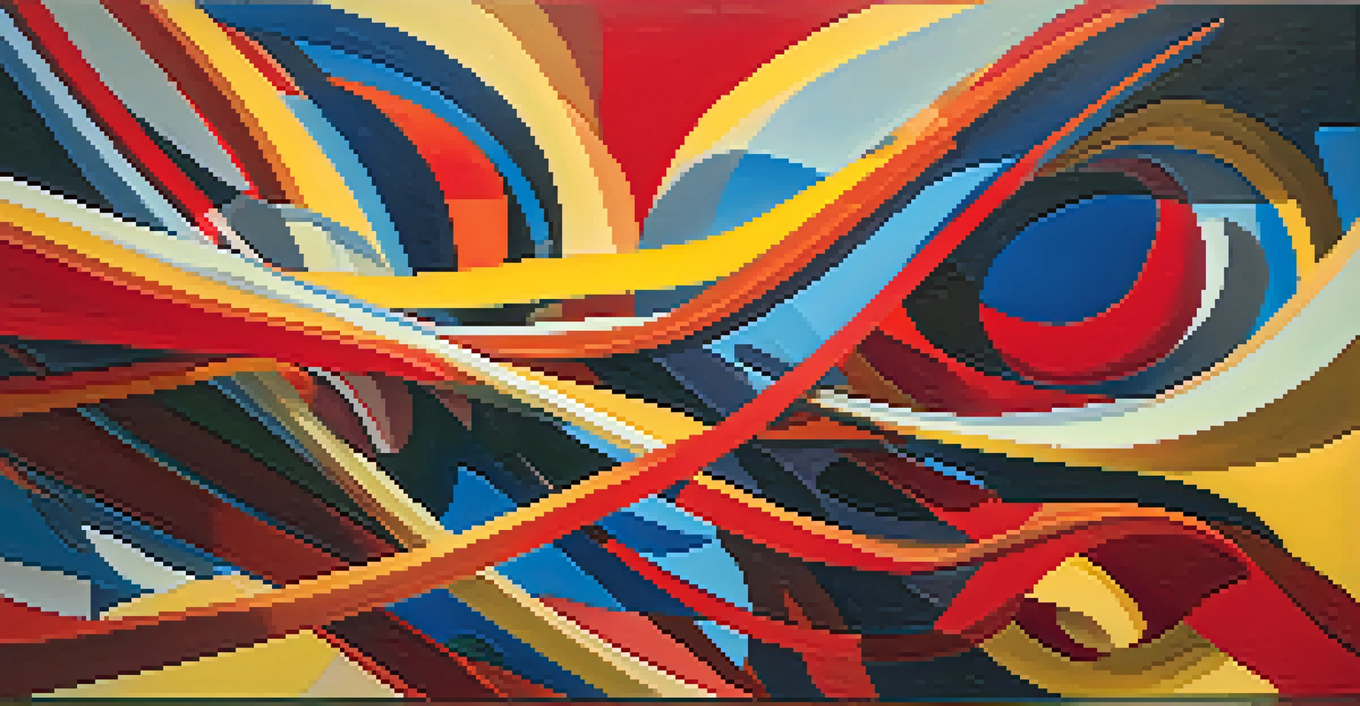 An abstract painting filled with swirling colors and intersecting lines, conveying deep emotions with bold reds, blues, and yellows.