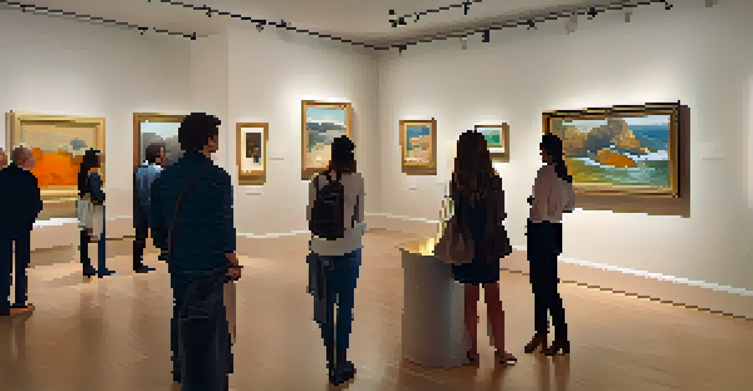 A gallery space with original artworks and reproductions, where visitors are admiring the art on display.