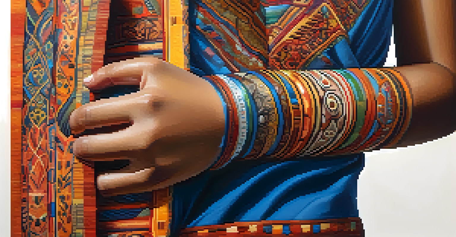 A close-up of a painted arm with intricate cultural patterns against a textured background.