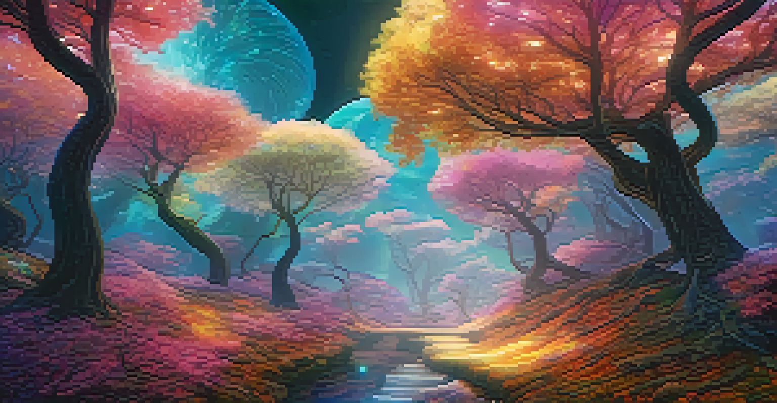 A surreal virtual reality landscape with giant glowing trees and a colorful path, creating a dreamlike atmosphere.