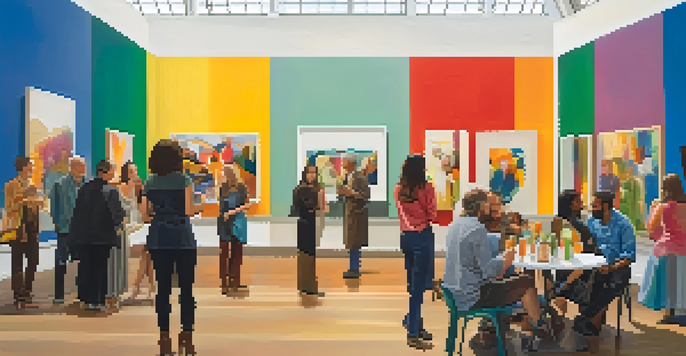 A lively art exhibition with diverse attendees discussing colorful artworks in a well-lit space.