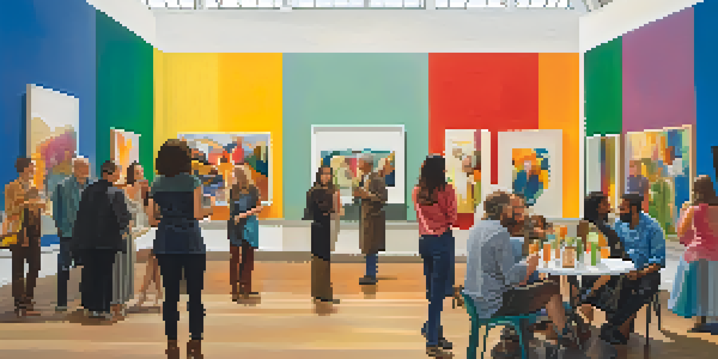A lively art exhibition with diverse attendees discussing colorful artworks in a well-lit space.