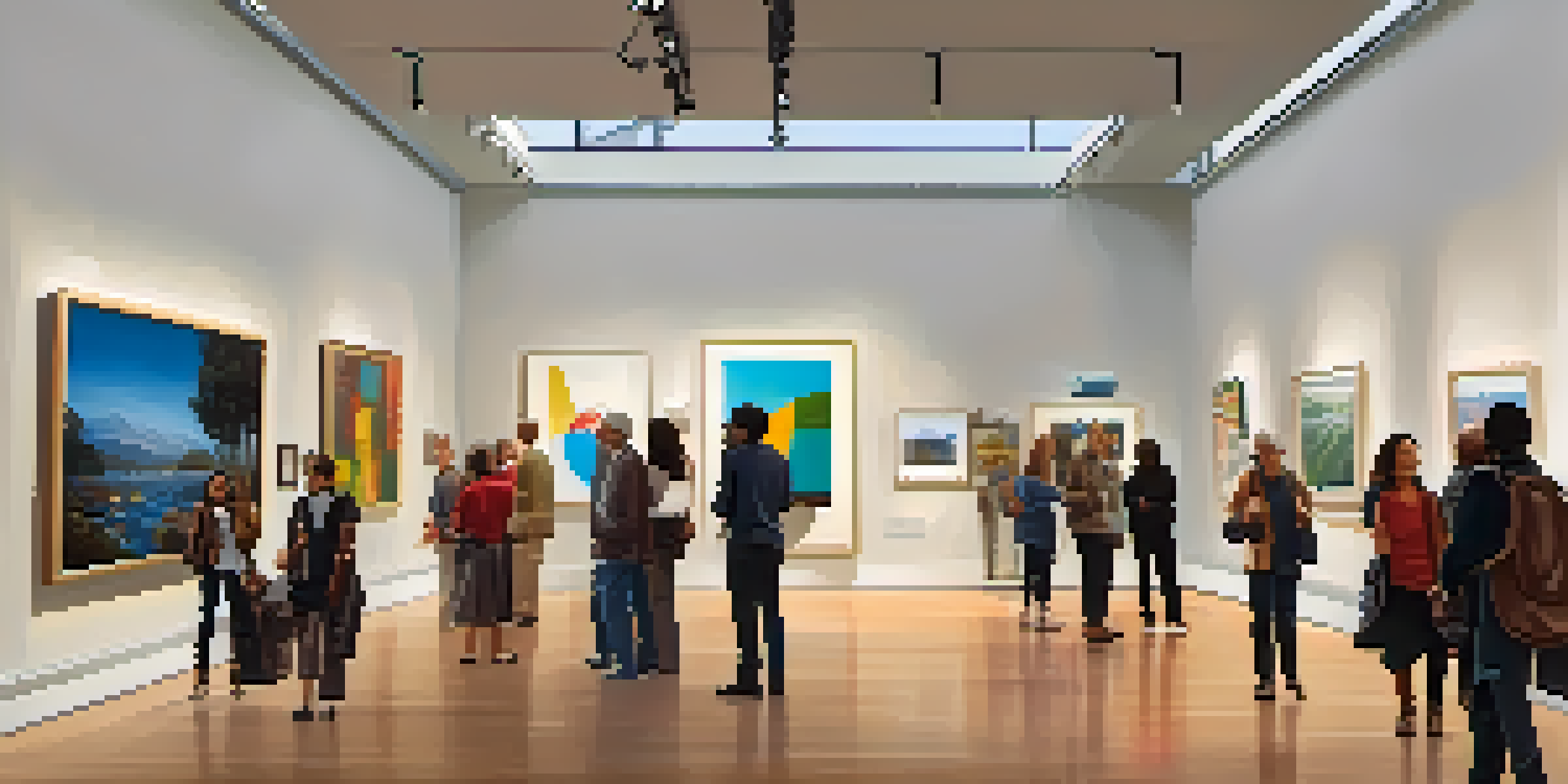 A bright art gallery filled with diverse visitors discussing contemporary artworks.