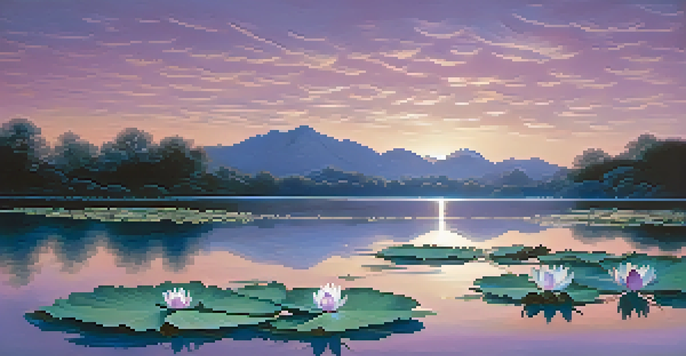 A peaceful twilight landscape with a lake reflecting the colors of the evening sky and a white lotus flower in the foreground.