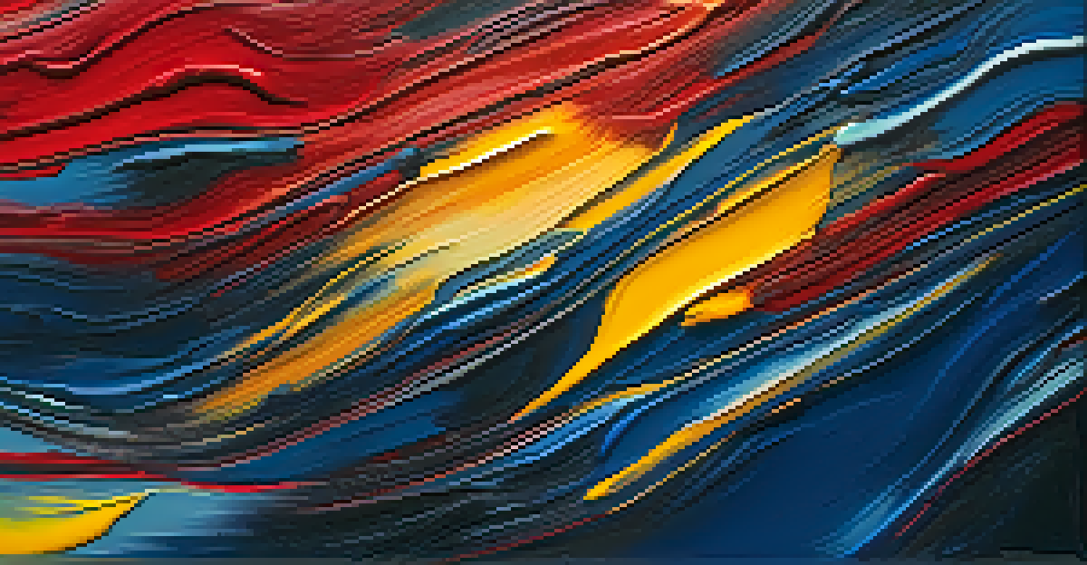 An abstract painting with bold colors and rich textures, highlighting thick brush strokes.