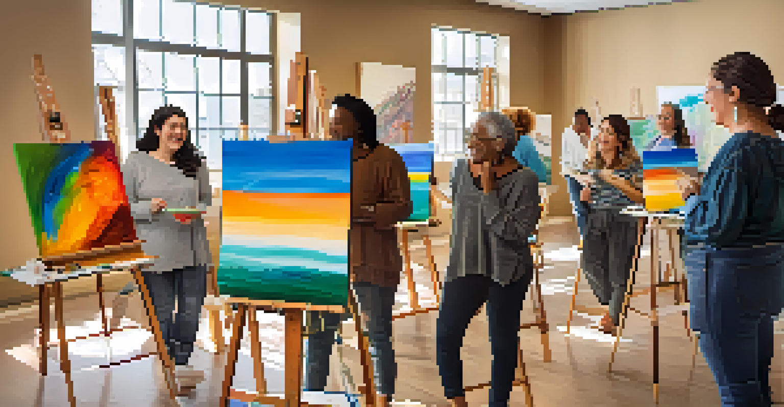 A group of individuals participating in an art therapy session, creating art together.