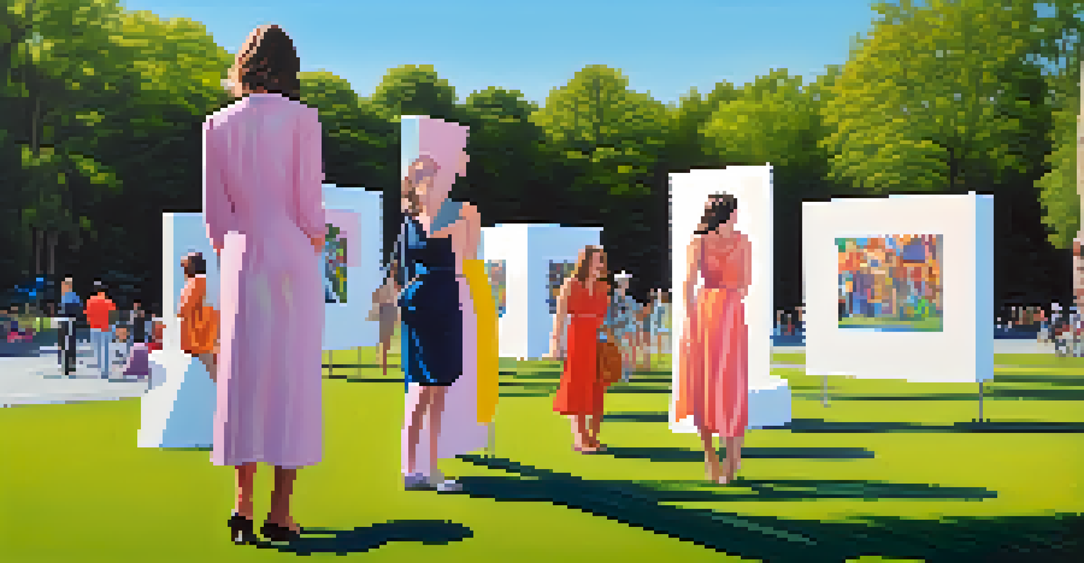 An outdoor art exhibition showcasing large-scale feminist art installations in a lush park, with visitors engaging with the artworks.
