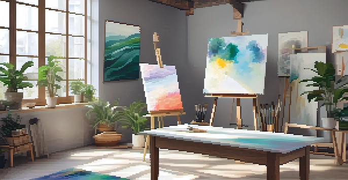A bright art therapy studio featuring colorful abstract paintings on a canvas, with a palette and brushes on a wooden table.