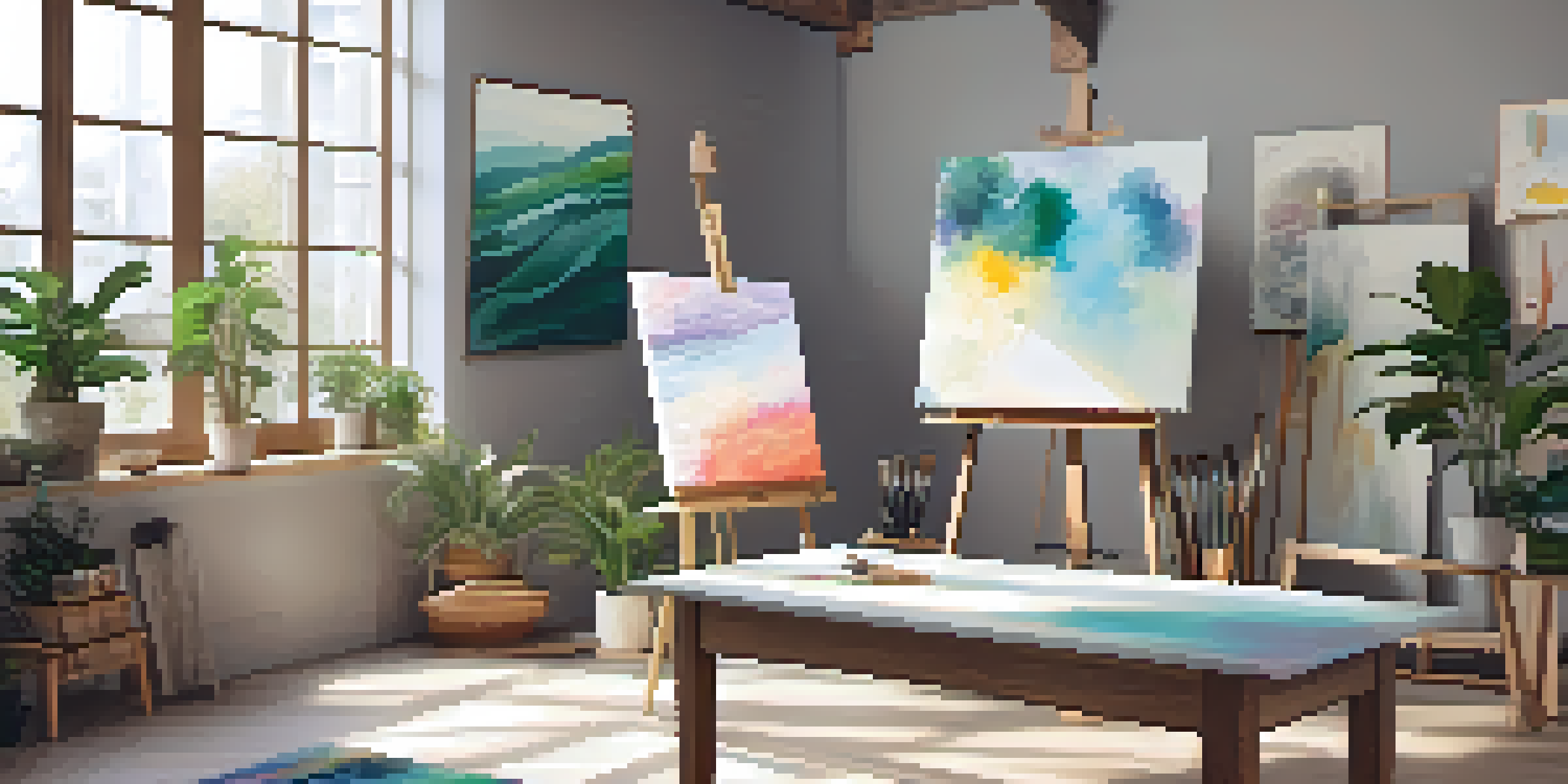 A bright art therapy studio featuring colorful abstract paintings on a canvas, with a palette and brushes on a wooden table.