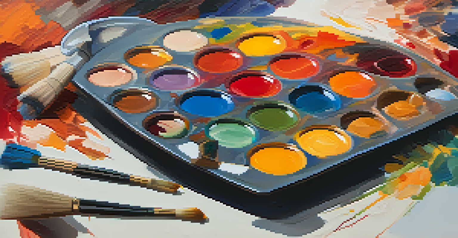 An artist's palette with a mix of vibrant warm and cool colors, surrounded by paintbrushes and a canvas depicting an abstract painting.
