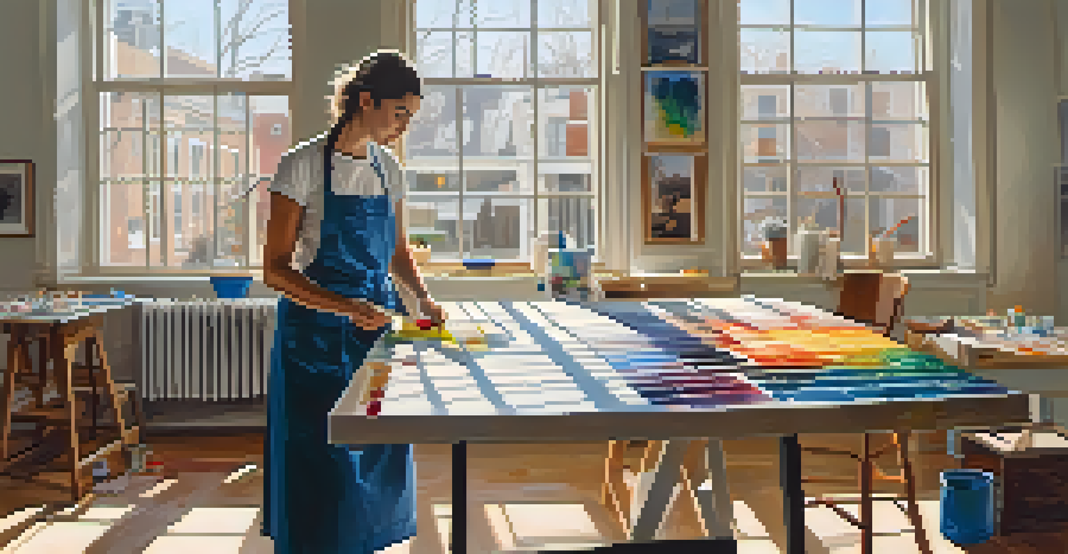 A contemporary artist painting in a studio filled with canvases about climate change, with natural light coming through the windows.