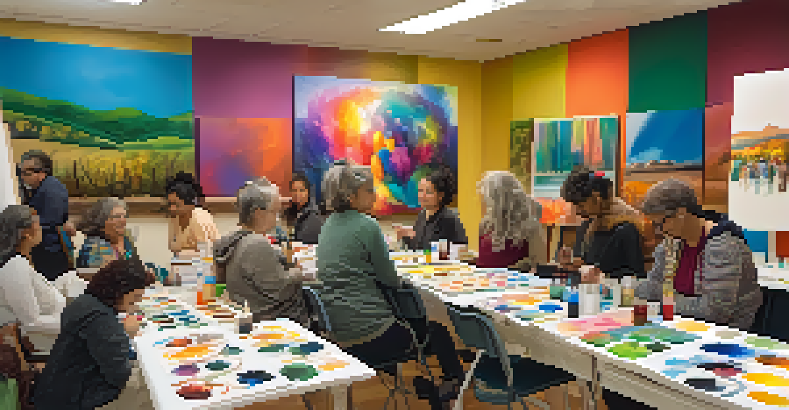 A small group of people in a community center painting on canvases, with warm lighting and colorful artwork on the walls.