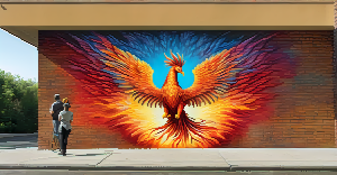 A colorful mural of a phoenix on a brick wall with people admiring it in the foreground.