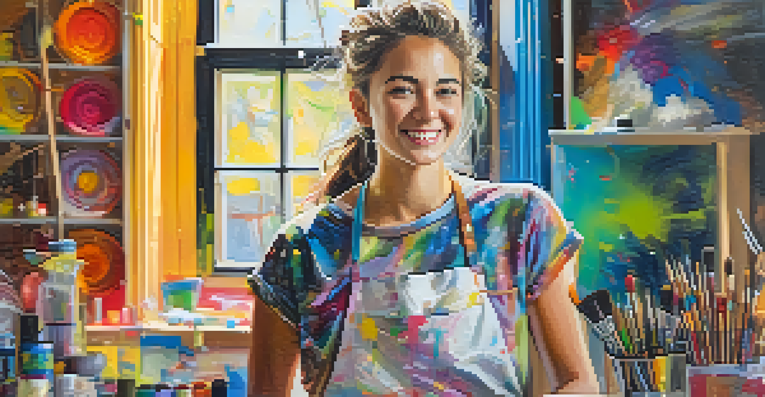 A young female artist smiles in her studio filled with colorful paint splatters and art supplies, illuminated by natural light from a large window.
