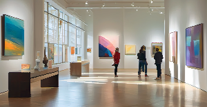 A bright gallery filled with contemporary art, featuring diverse visitors engaging with the artworks under natural light.