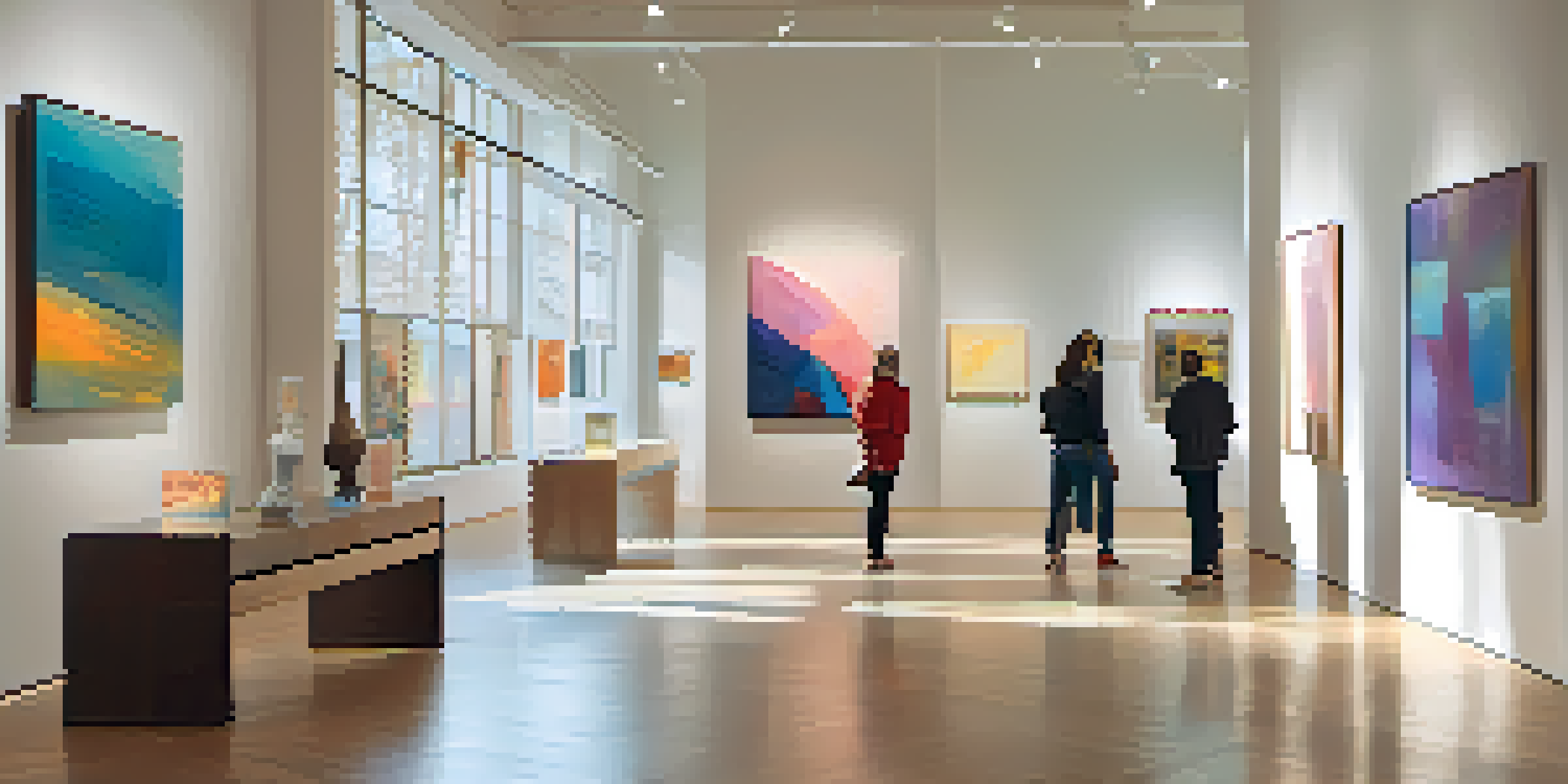 A bright gallery filled with contemporary art, featuring diverse visitors engaging with the artworks under natural light.