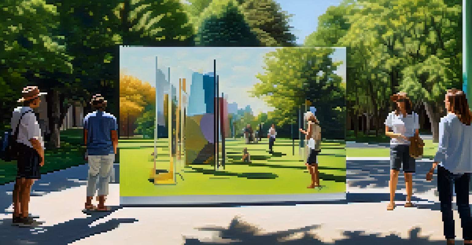 An outdoor art installation with diverse artworks from male and female artists, set in a green park with visitors exploring.