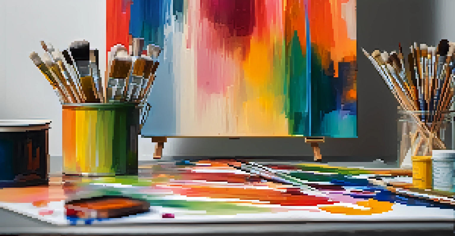A close-up of a colorful abstract painting on an easel in a studio, surrounded by paint tubes and brushes.