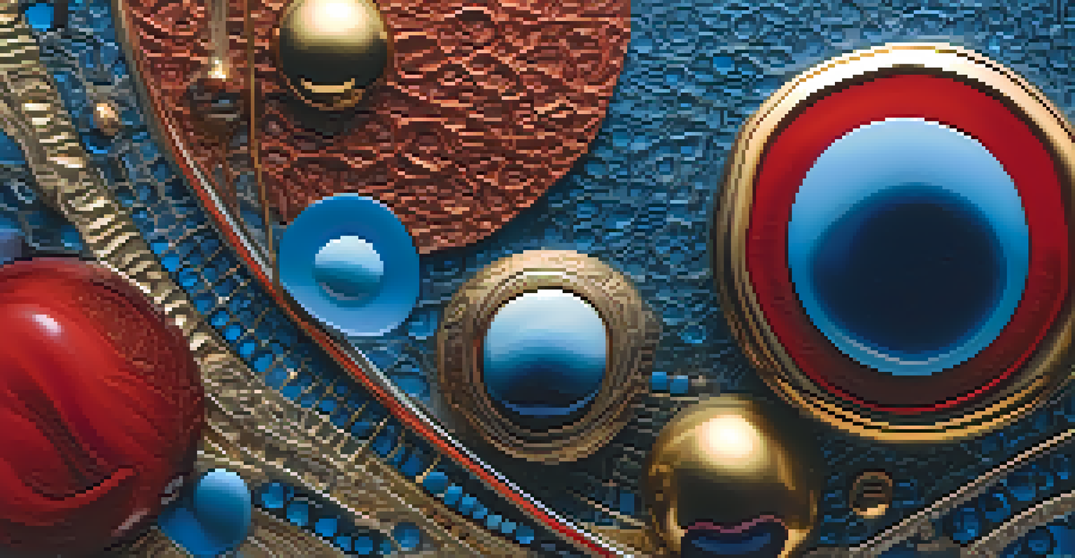 A detailed close-up of surrealist artwork featuring floating objects and abstract shapes in vibrant colors of blue, gold, and red.