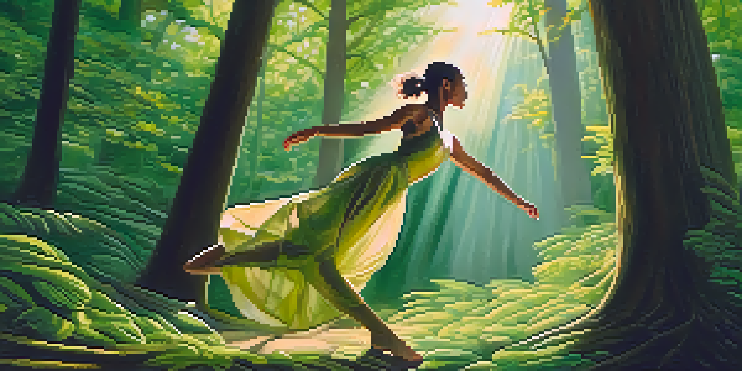 A dancer in a forest, showcasing graceful movements that reflect nature's beauty with sunlight shining through the trees.